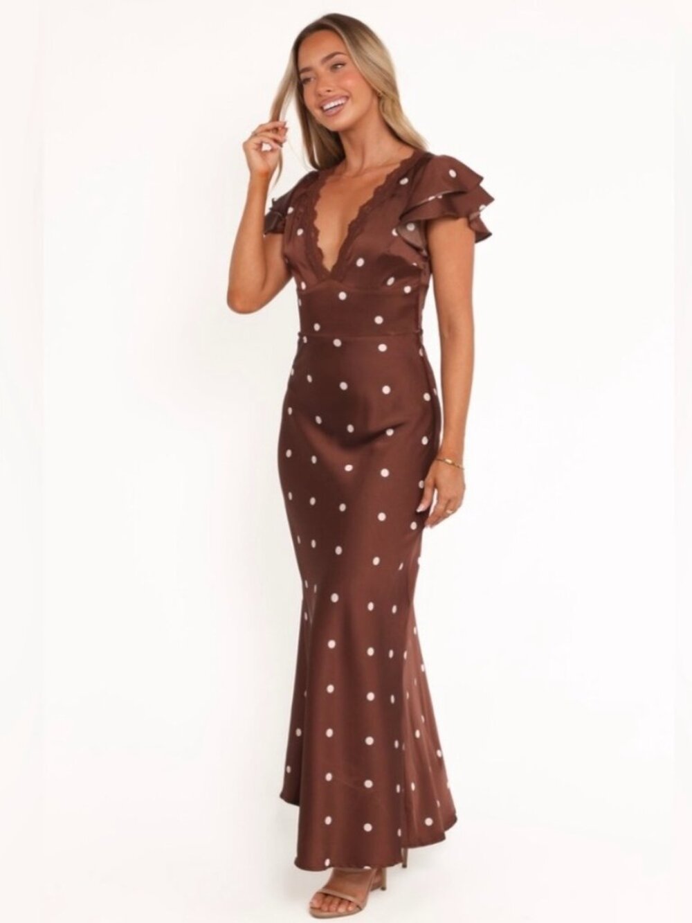 Petal and Pup Arella Maxi Dress Size 6 Brown Polka Dot Lace Trim Satin Romantic - Picture 14 of 14